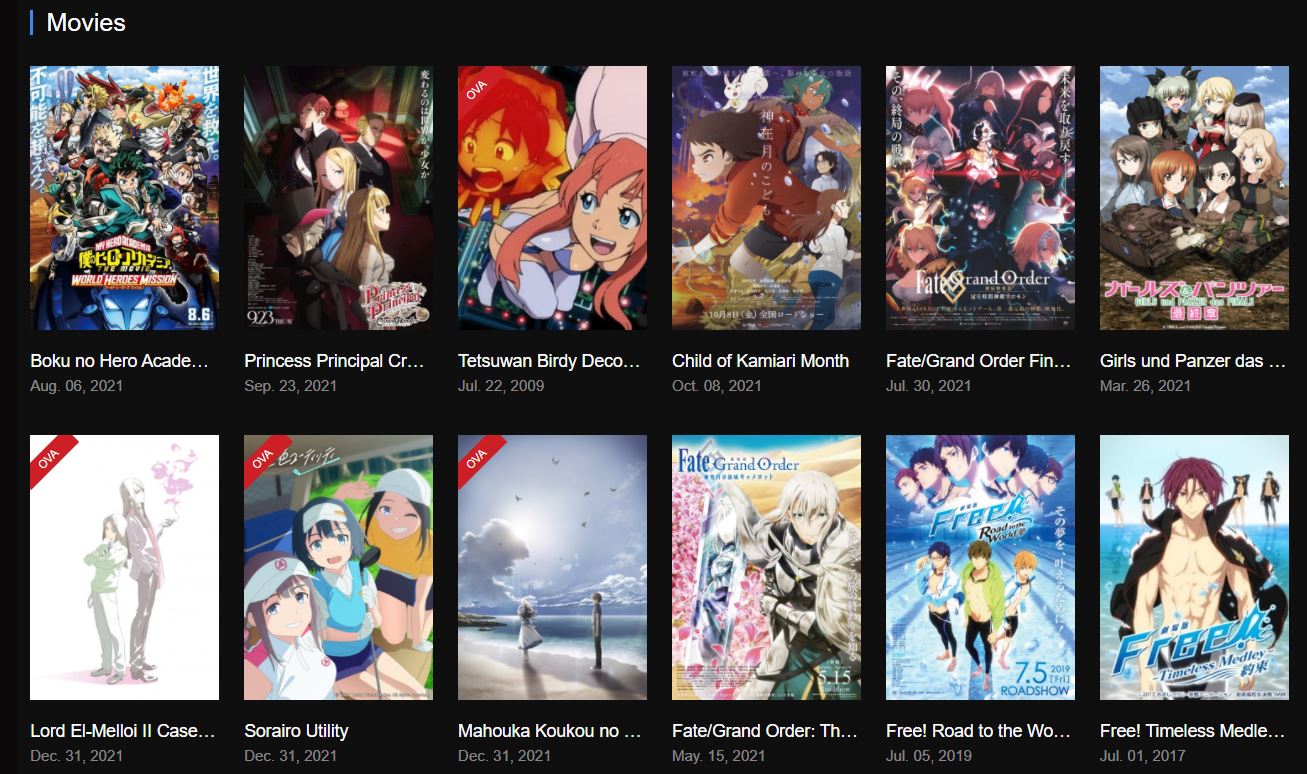 Screenshot of trending movies on Animeplyx Website