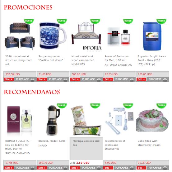 Compraspacuba website showing the Promotion and Recommended sections