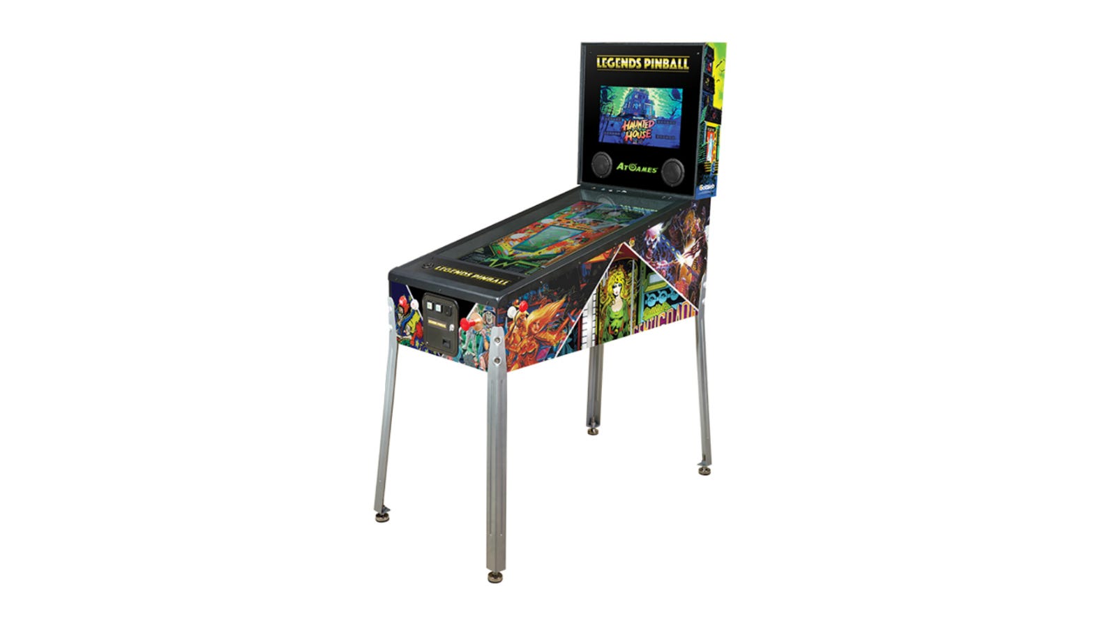 A digital pinball machine with 32-inch display that is enclosed in a genuine-feeling case that features some incredible artwork