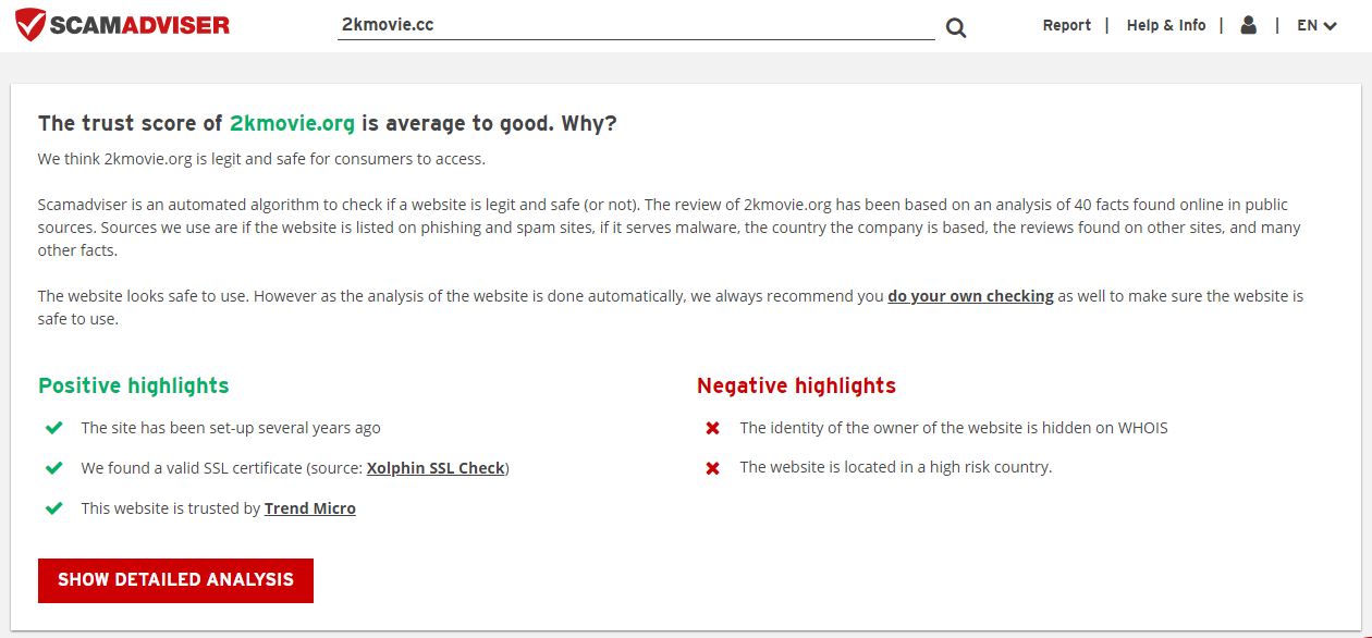 ScamAdviser website shows the trust score and legitimacy of 2KMovie
