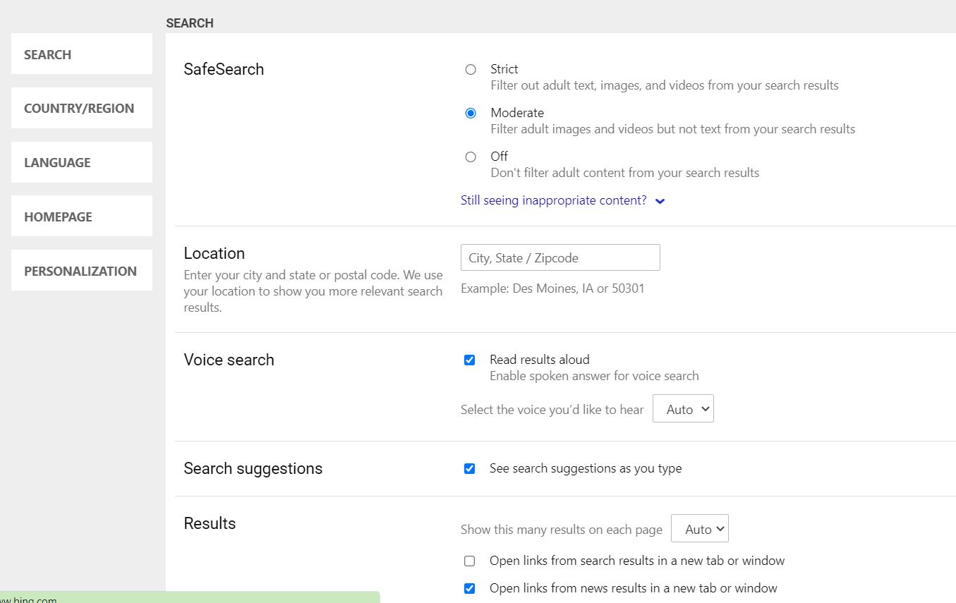 Screenshot of Bing-Com Setting options