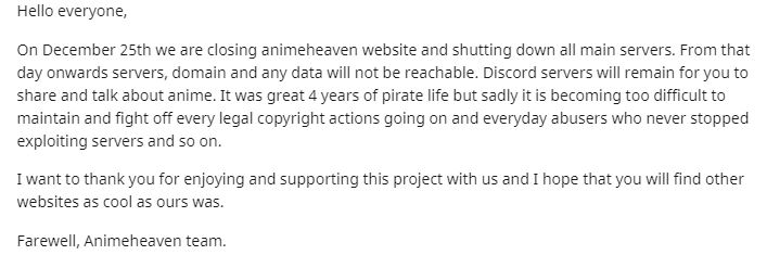 AnimeHeaven Team official announcement on Discord regarding the shut down of Anime Heaven