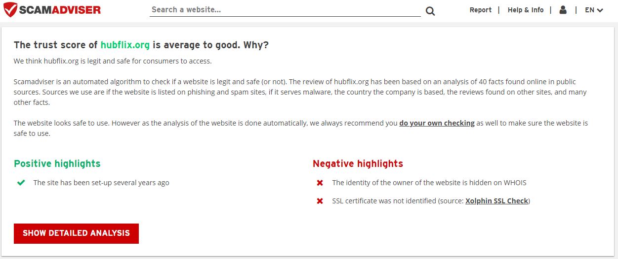 Scamadviser website shows the legitimacy and trust score of Hubflix