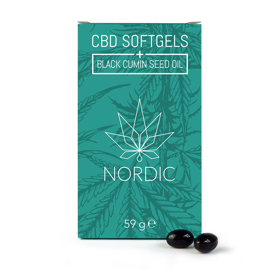 A green pack of CBD Nordic soft gels with two soft gels by its side