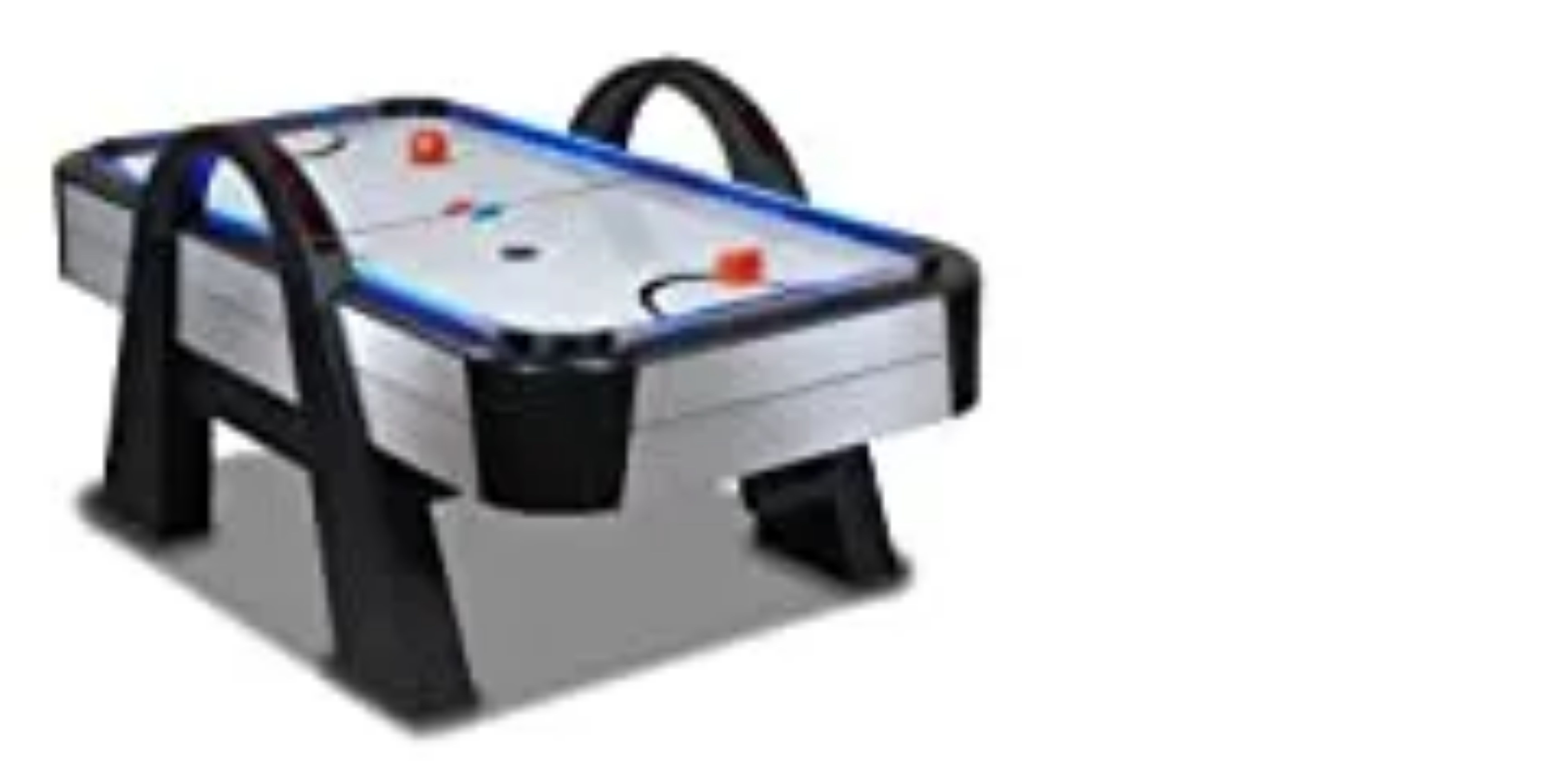 A high-gloss acrylic tabletop air hockey table with a rail-mounted LED scorer