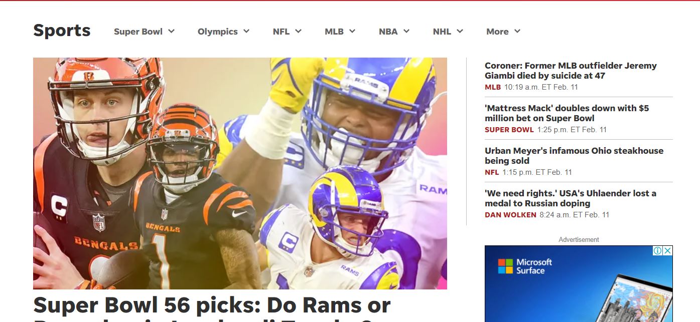 Screenshot of sports news on usatoday com