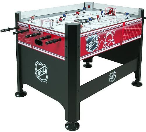 Rod hockey table with incorporated corner electronic scoring and features hollow black fiberglass rods, comfort-grip handles, and full end panel support