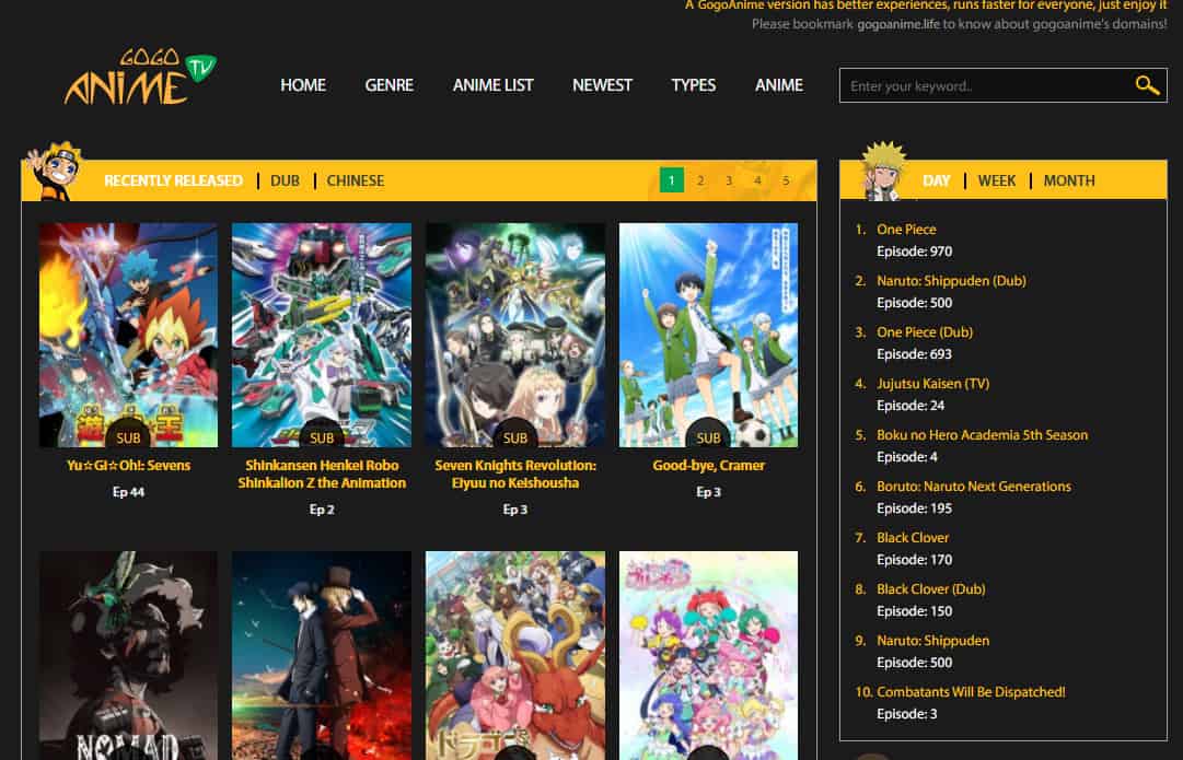 Gogo Anime Webpage and search bar with anime series cover image