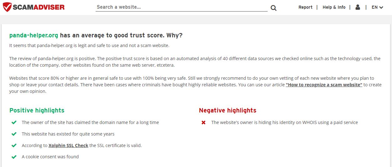 ScamAdviser showing the trust score and legitimacy of Panda Helper 