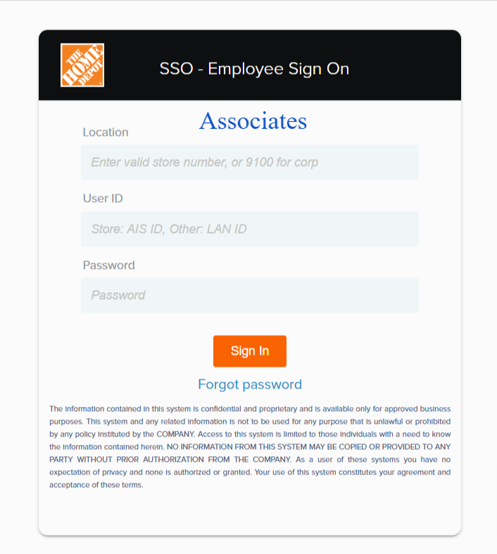 Home Depot Health Check website showing the login for Home depot employees
