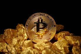 A bitcoin surrounded by gold rocks