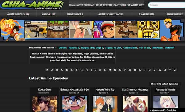 Chia anime webpage and search bar with multiple anime cover photo