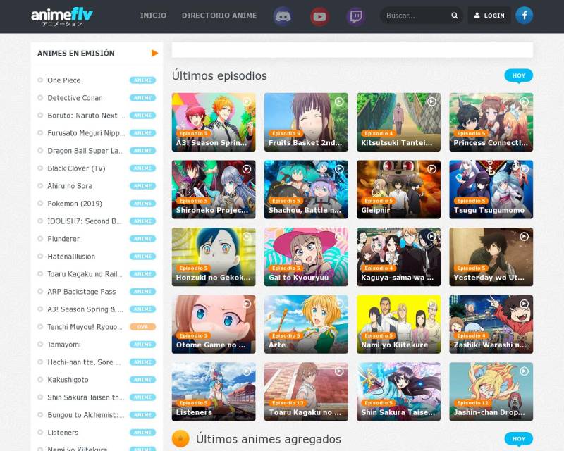 Anime flv web page with multiple anime video covers
