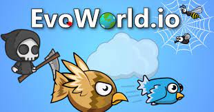 EvoWorld.io text in white font together with a skeleton, two birds, a cloud, spider web, and two insects