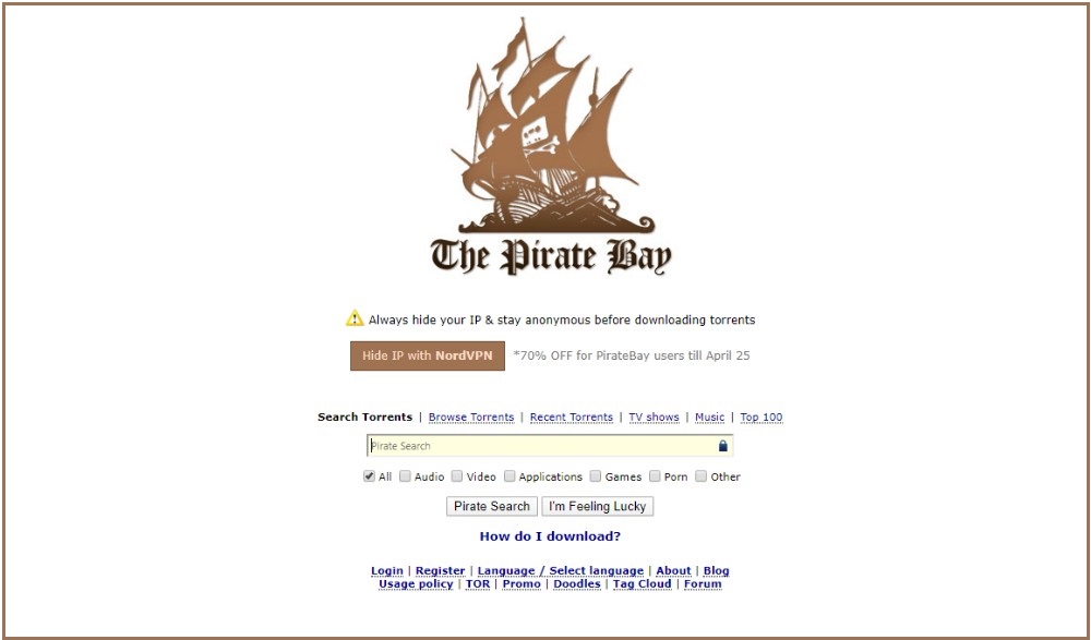The Pirate Bay website showing the home page and a search bar in the middle
