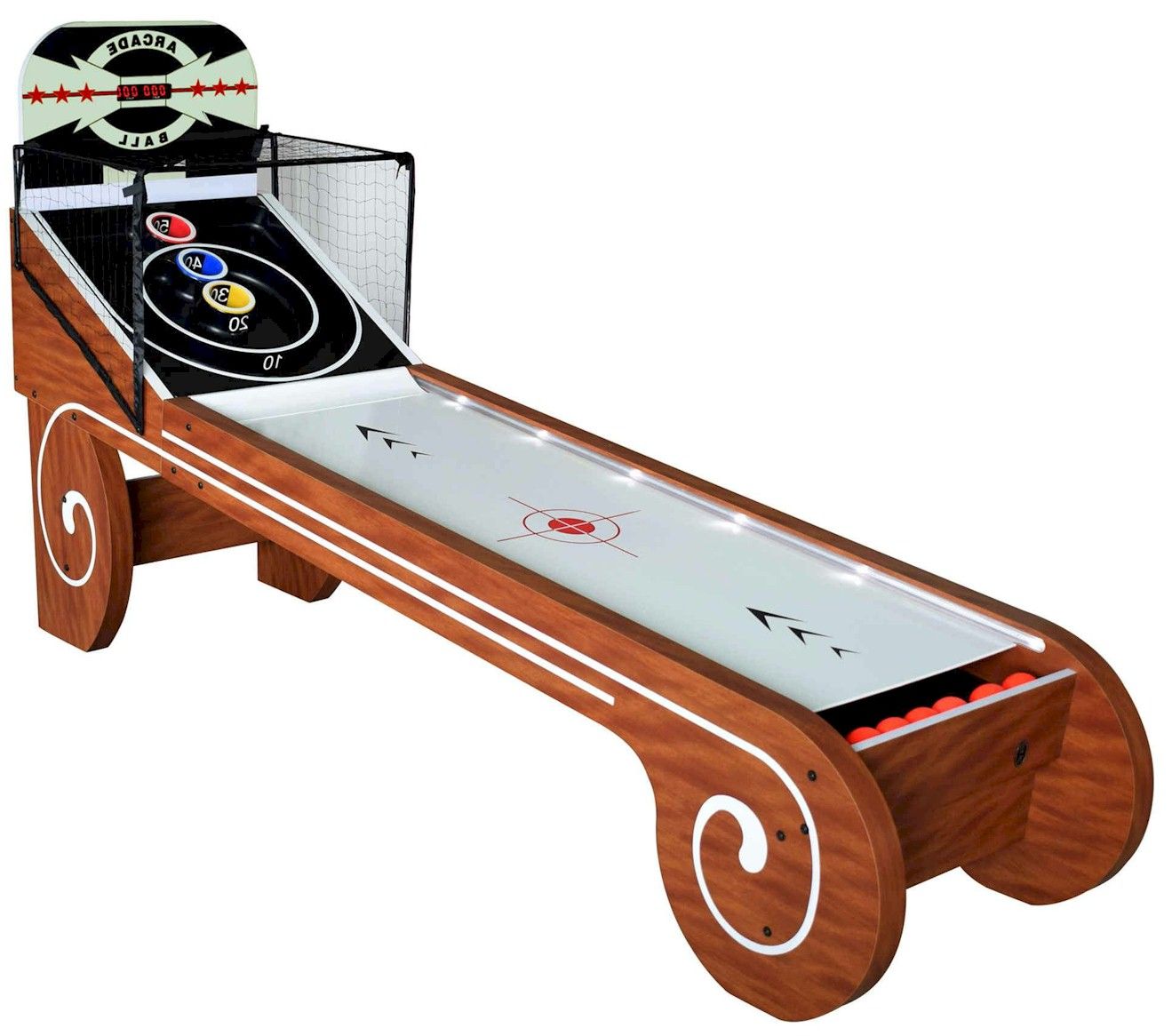 Wood carved skee ball with white shiny cork pad and red balls in the front corner of the machine