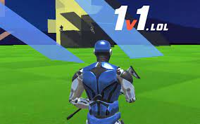 1v1.lol text in white and orange color and a character in blue costume in game