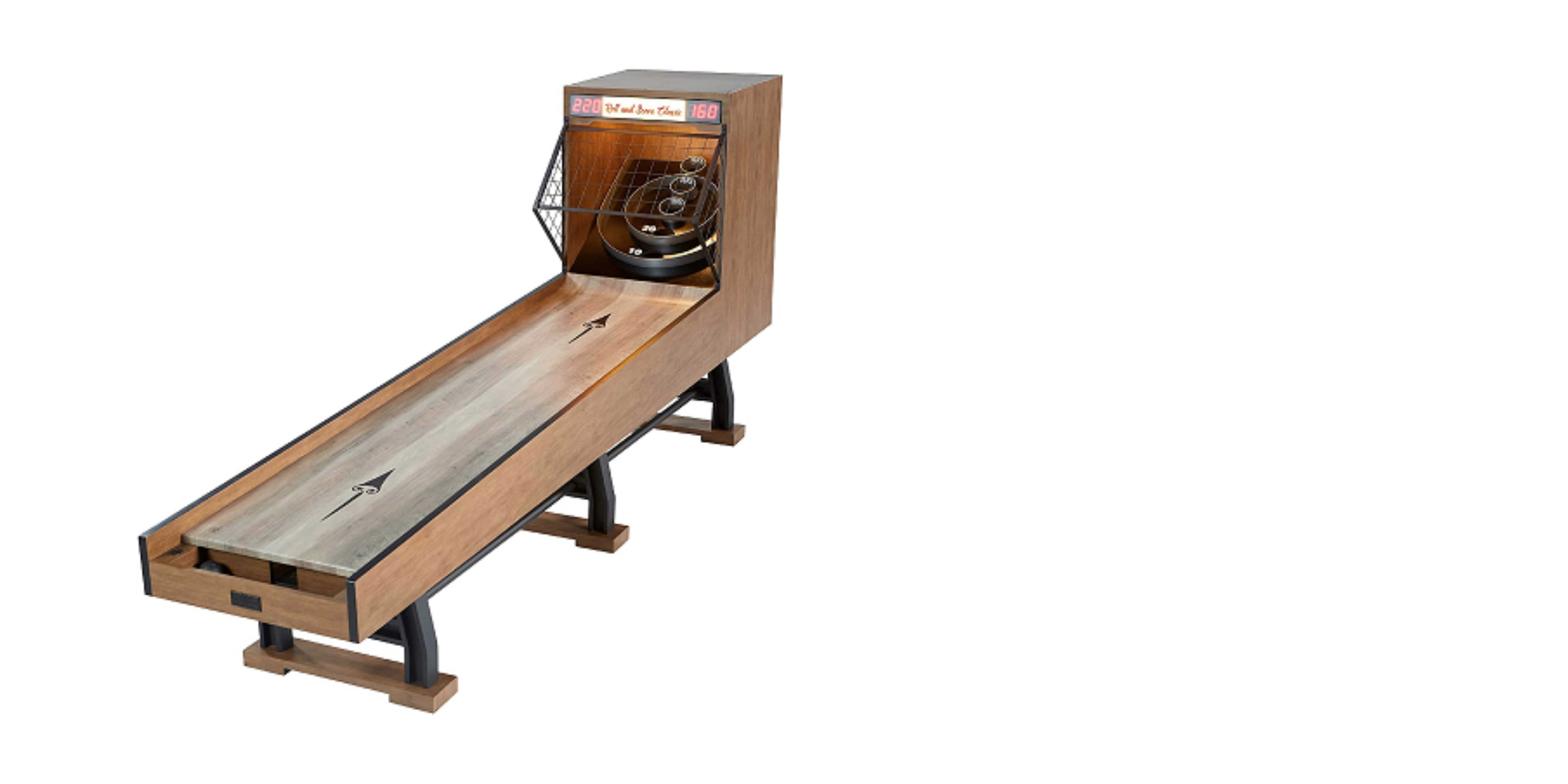 Skee ball machine with a rustic appearance, with oak lamination and metal detailing