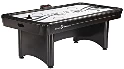 Air hockey table with black-and-white designs and high-quality wood and aluminum construction
