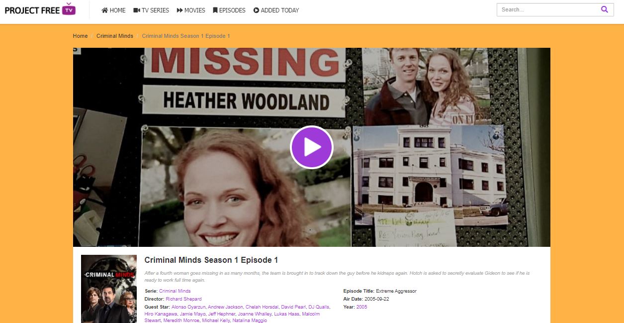 Criminal Minds season 1, episode 1 at Project Free TV website 