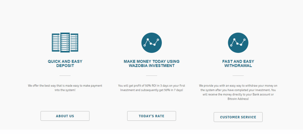 Wazobia Investment website shows the About Us, Today's Rate, and Customer Service sections