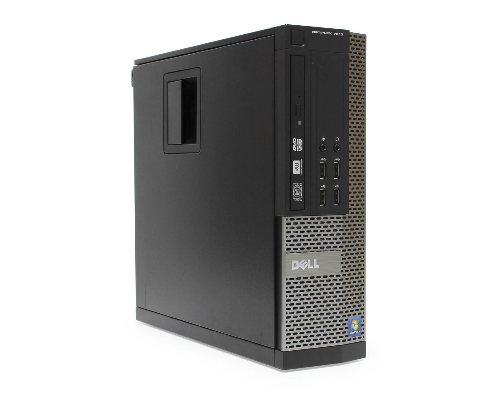 Black and sleek CPU with the logo of Dell on the front side and Windows on the bottom front side