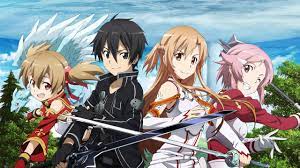 One male character and three main female characters od SAO holding their own swords in the battlefield