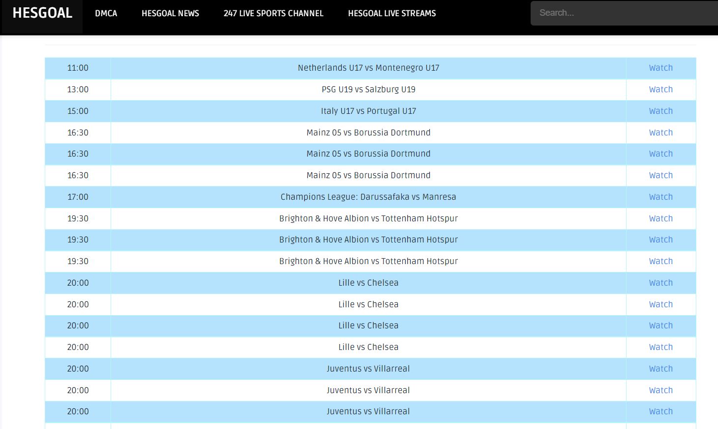 Screenshot of the Premier League, La Liga, Serie A schedule on Hesgoal website