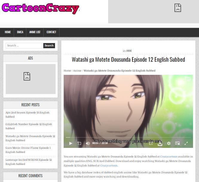 CartoonCrazy website shows the Watashi ga Motete Dousunda Episode 12 English Subbed, and Recent Post