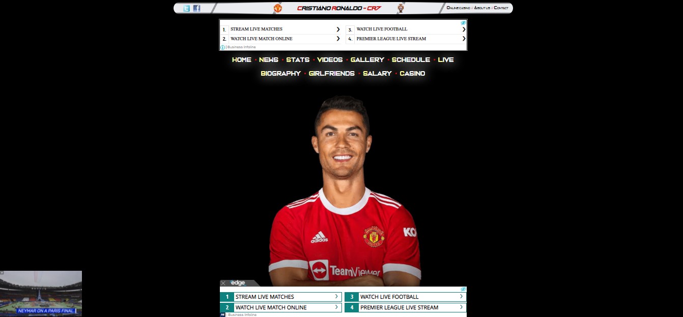 In a solid black theme, Christiano Ronaldo wearing a red soccer shirt poses and smiles at the center of Ronaldo7's homepage