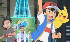 Three human characters of Pokemon together with two pokemons in a research laboratory with a large digital map behind them