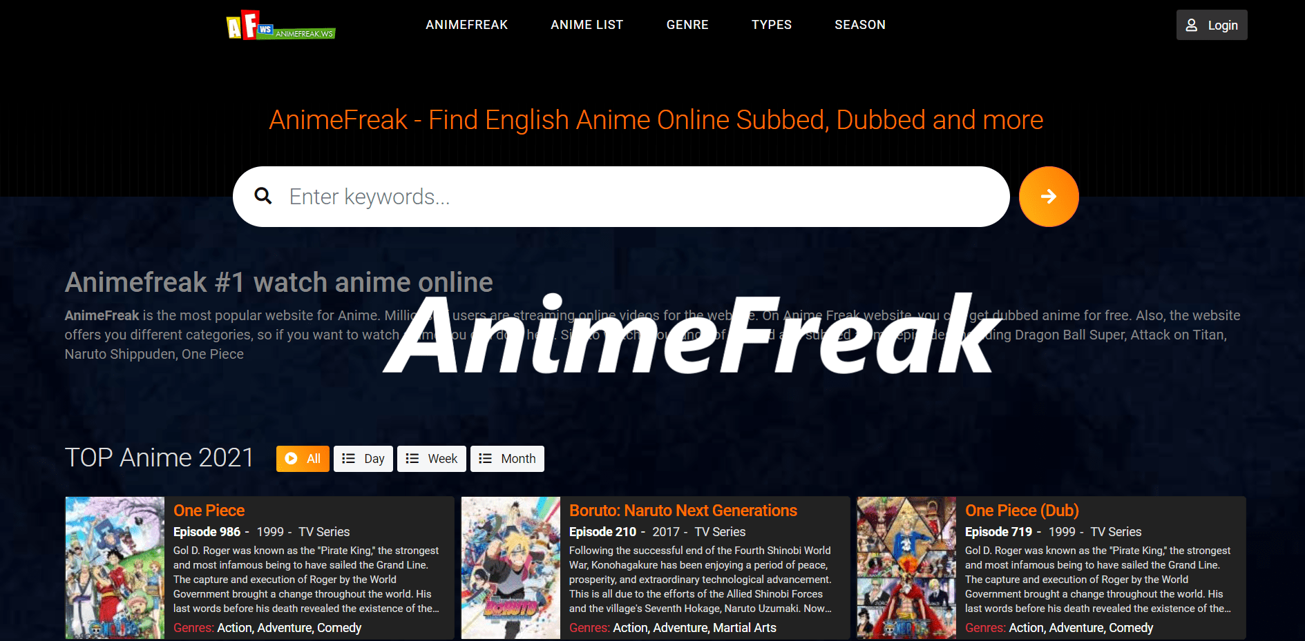 Animefreak search bar with anime series cover page and description