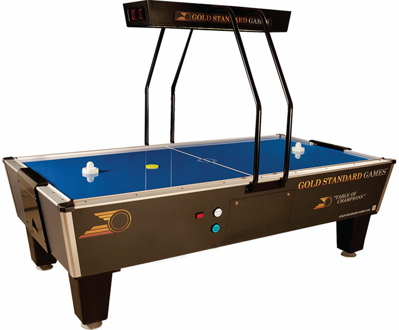 An 8 feet air hockey table with a blue-colored table surface, white pushers, and a scoring system above the playing field 