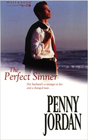 Big black "Penny Jordan" text and "The Perfect Sinner" in red font, with a man wearing coat and tie relaxing in the beach as the featured picture