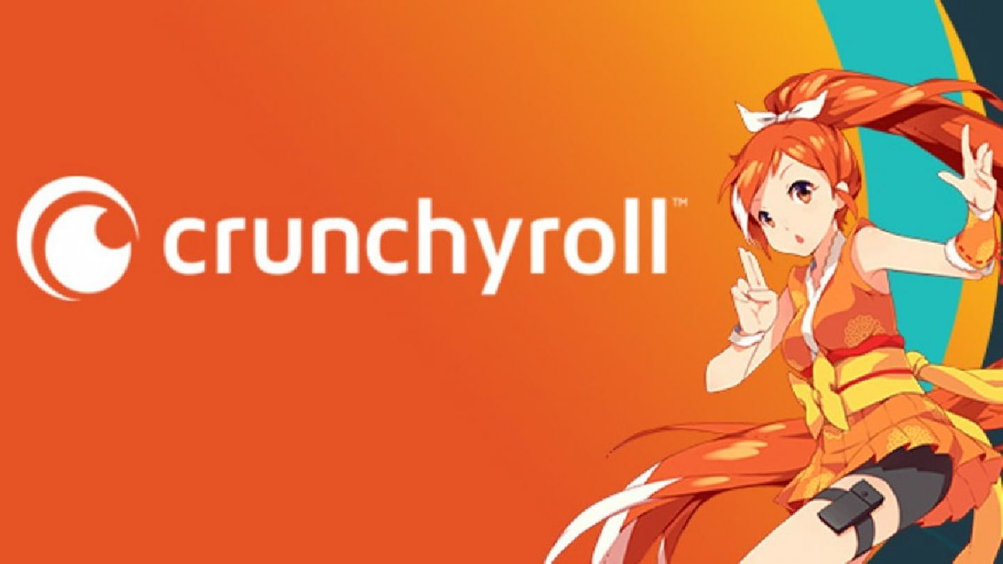 Crunchyroll logo with orange background and anime girl with orange shirt and hair