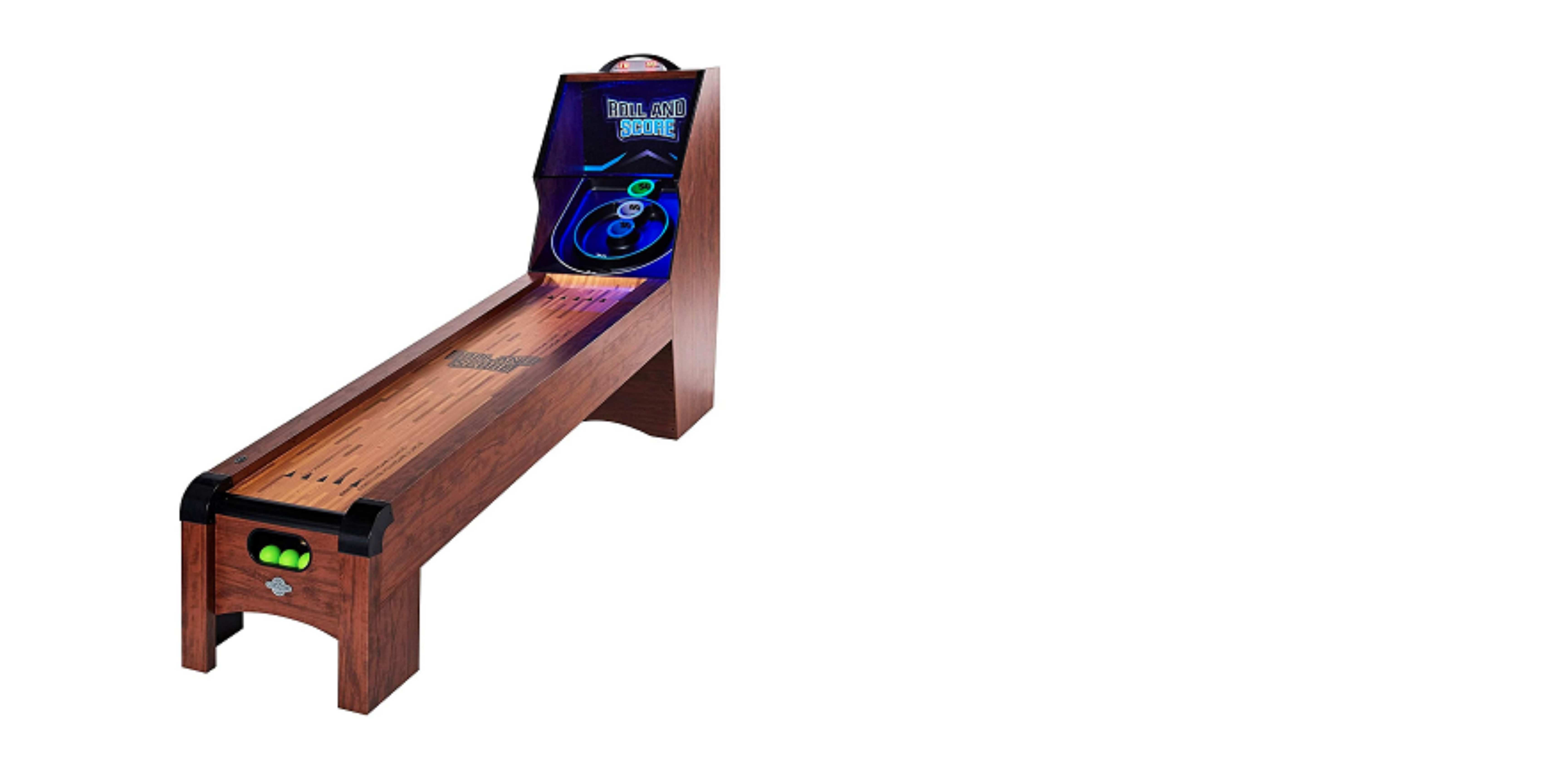 A classic skee ball machine with durable materials and a wood design finish