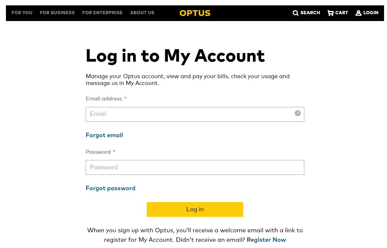 Screenshot of the login page to Optus Webmail.Com.Au webpage
