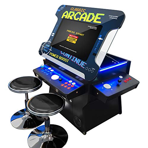 An attractive cocktail arcade machine with a blue LED light is present in its side panels