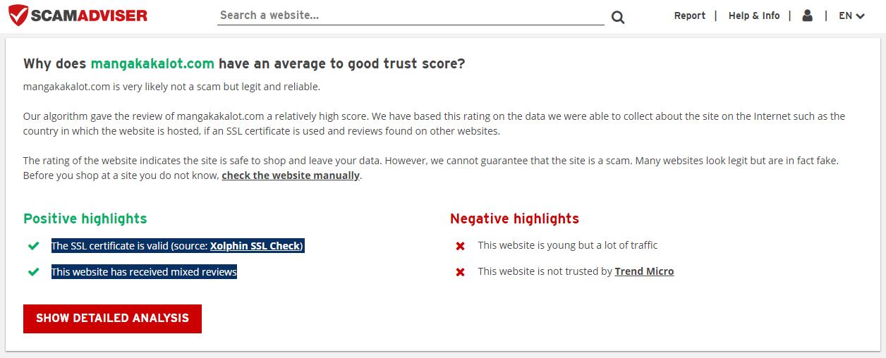 Scamadvider website shows the legitimacy and trust score of Mangakakalot