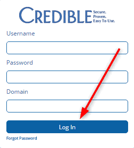 Crediblebh website shows the Login page with Username, Password, and Domain as requirements, and with the red arrow pointing to the Log In button