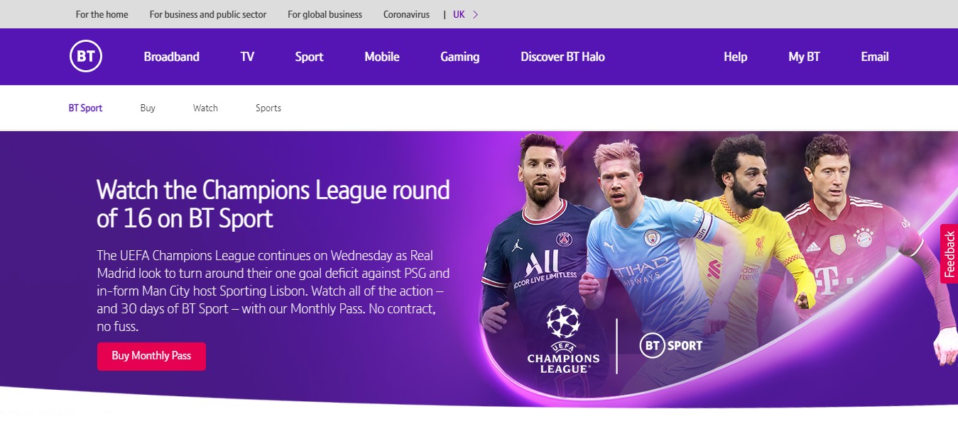 In a violet background, 4 soccer players feature in the BT Sports homepage