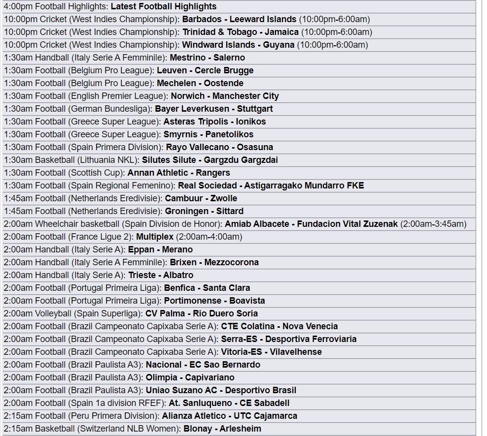Screenshot of streaming schedule on rojadirectatv