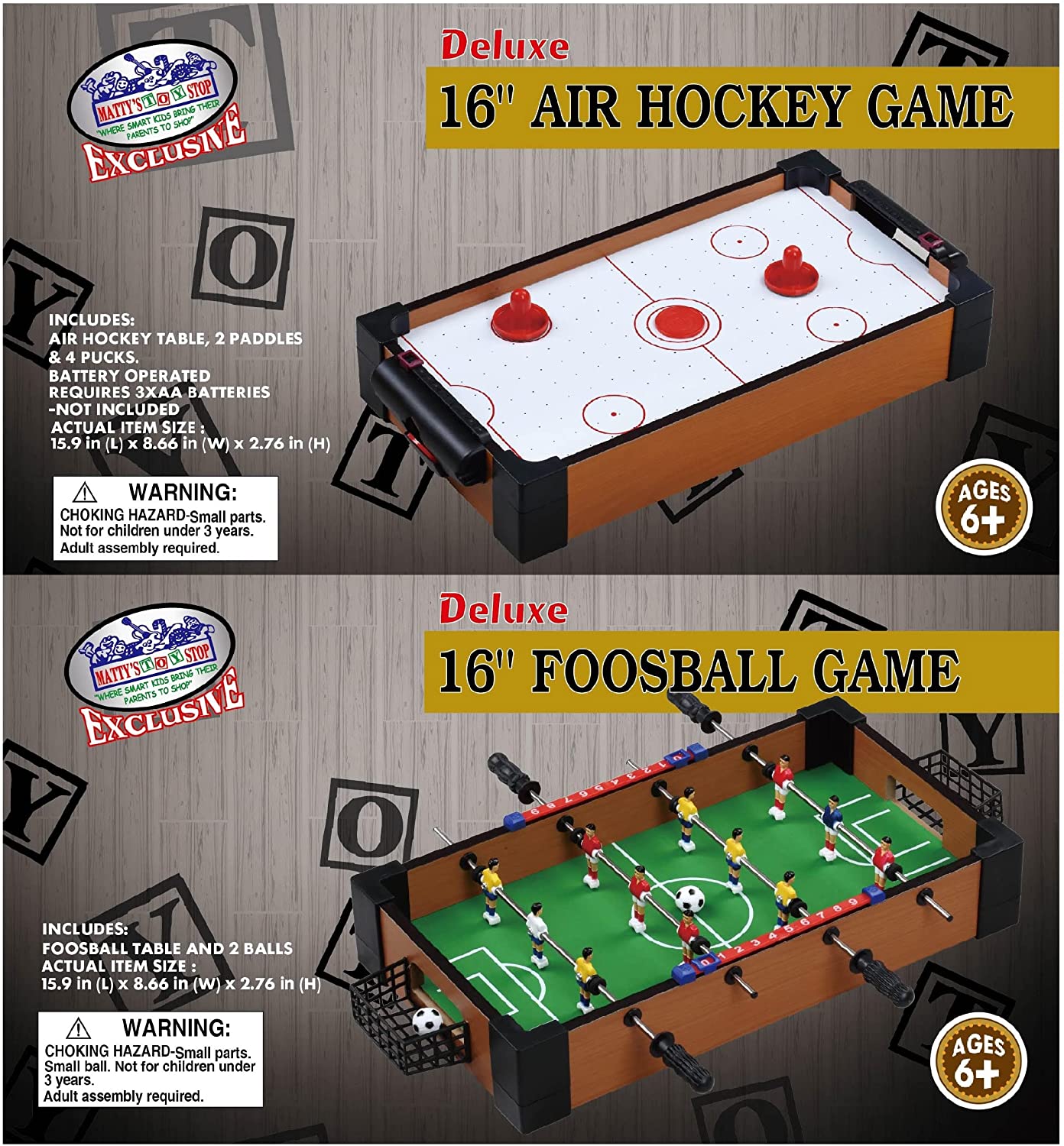 On the top corner is the assembled air hockey tabletop and below is a foosball table with a green-colored surface