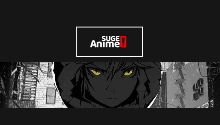 Suge Anime text with an exclamation point, and a black and white colored anime character below it