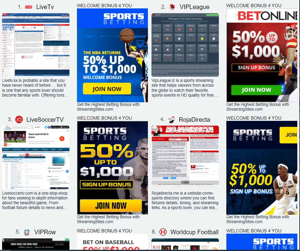 Screenshot of the top Sports Streaming websites like Yoursports Stream website
