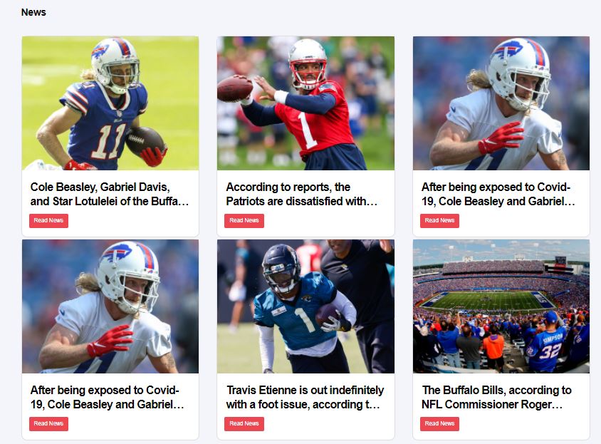 NFLbite website News section showing different news articles and pictures and sports players
