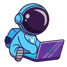 A person on a space suit looking at a violet laptop