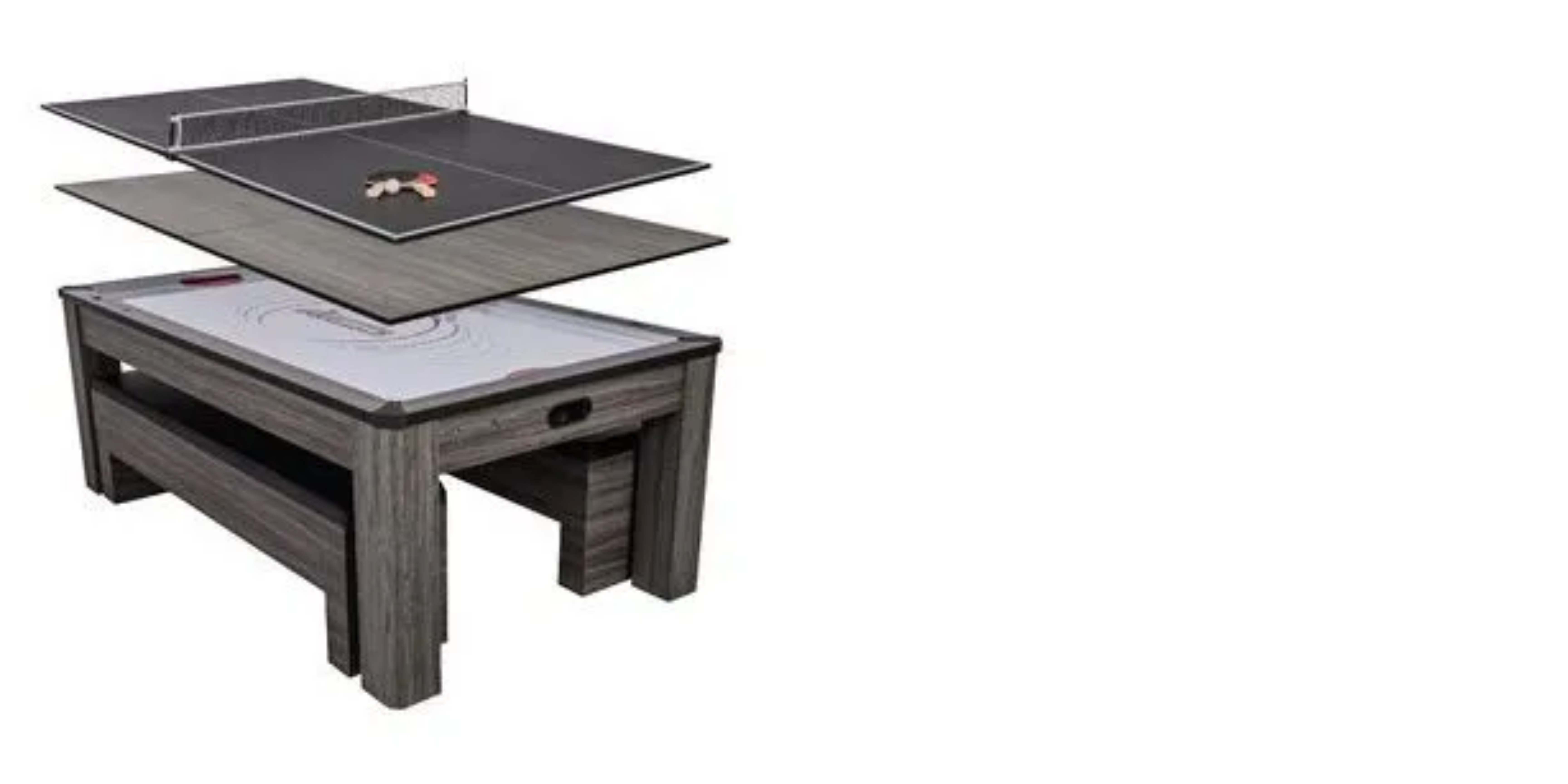 An air hockey table with sturdy construction, a dining table, table tennis and air hockey are included in the table.