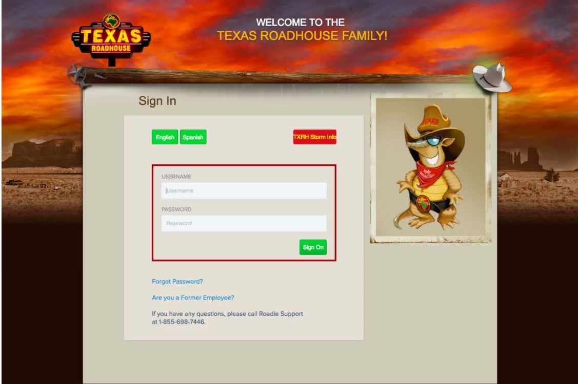 Texas Roadhouse website shows Txrhlive Login page