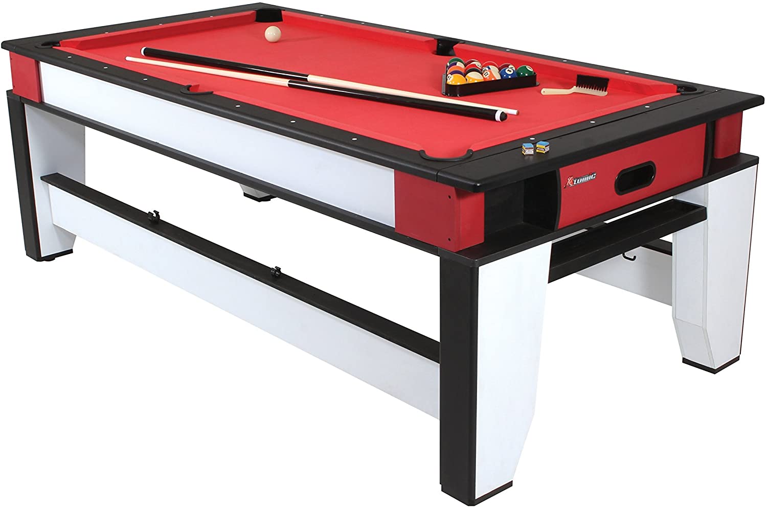 The Atomic 2-in-1 Flip Table has a red playing surface, rack, billiard balls, and a pair of cues